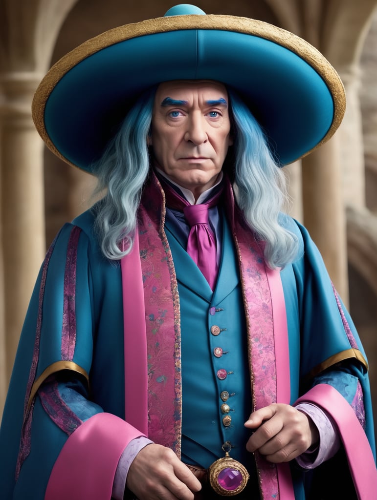 Severus Snape, a teacher in the ancient school of magic, dressed in the multi-coloured grandmother's clothes. He has a large hat and a one small pink woman's handbag. He looks strict. He has blue hair. He is clearly strict.