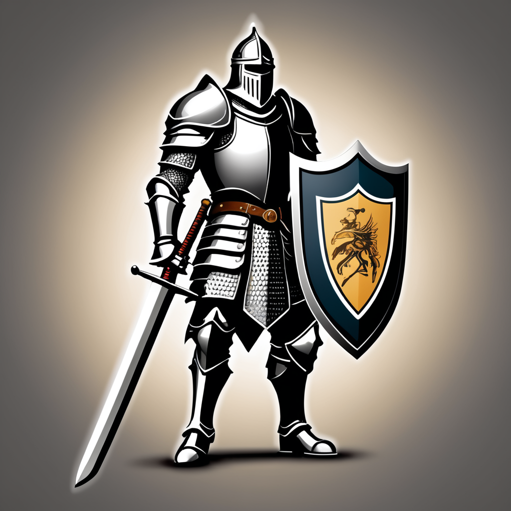 arafed knight with sword and shield logo design, strong fantasy knight, professional logo design, sword design, medieval knight, (((knight))), fantasy knight, holy crusader medieval knight, logo vector art, medieval holy crusader knight, armored knight, high quality character design, 3 d logo, logo design, knight, medieval fantasy game art, logo concept design, illustrated logo