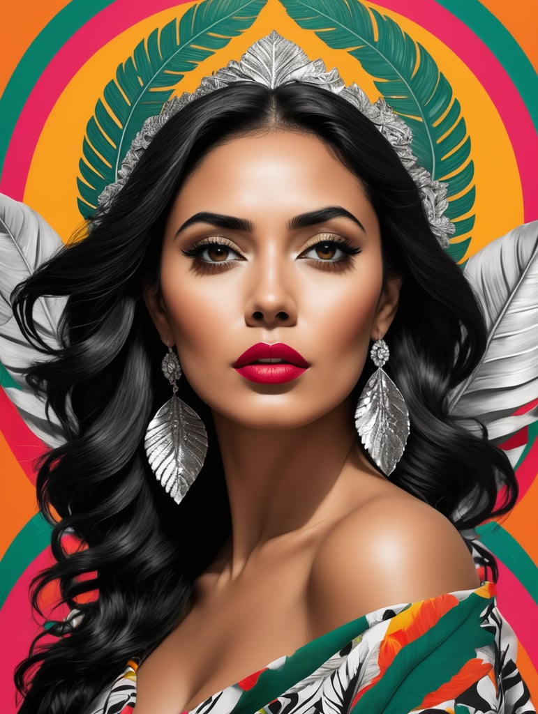 high fashion photography model pop art mexican woman dramatic pose upper body looking in the distance while holding a leaf black and white photography high details