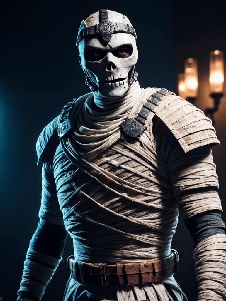 A photograph of mummy costume covered in bandages for a male character with fortnite style, halloween costume, white background, full body