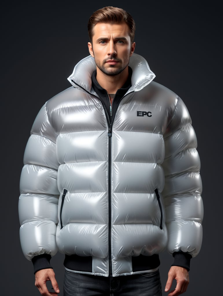 Inflatable white minimalist man's puffer jacket, transparent, isolated, grey background, mockup