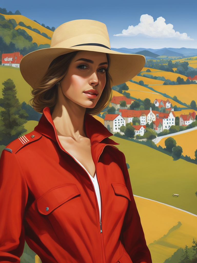 Portrait of a woman dressed in a red jacket and a beige hat, against the backdrop of the village, Sunny day, contrasting light, Painting, Landscape, style of Paul Corfield