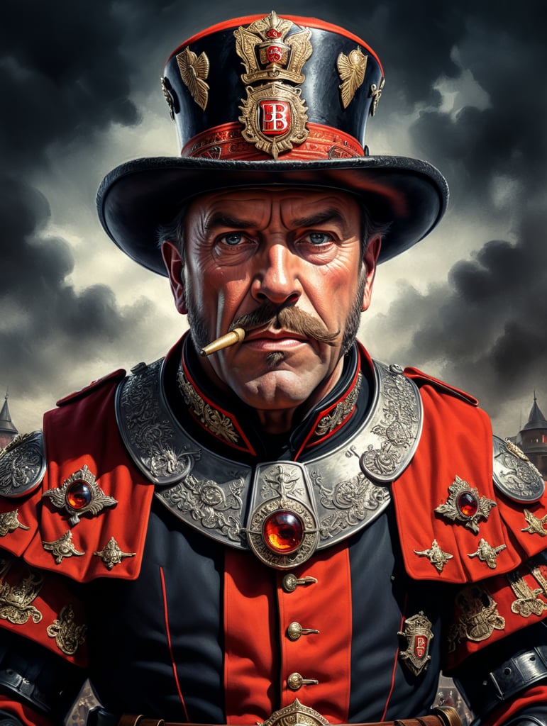 This artwork of a Beefeater by George Wilson is an eye-catching poster-style drawing and illustration representing the iconic pulp style.