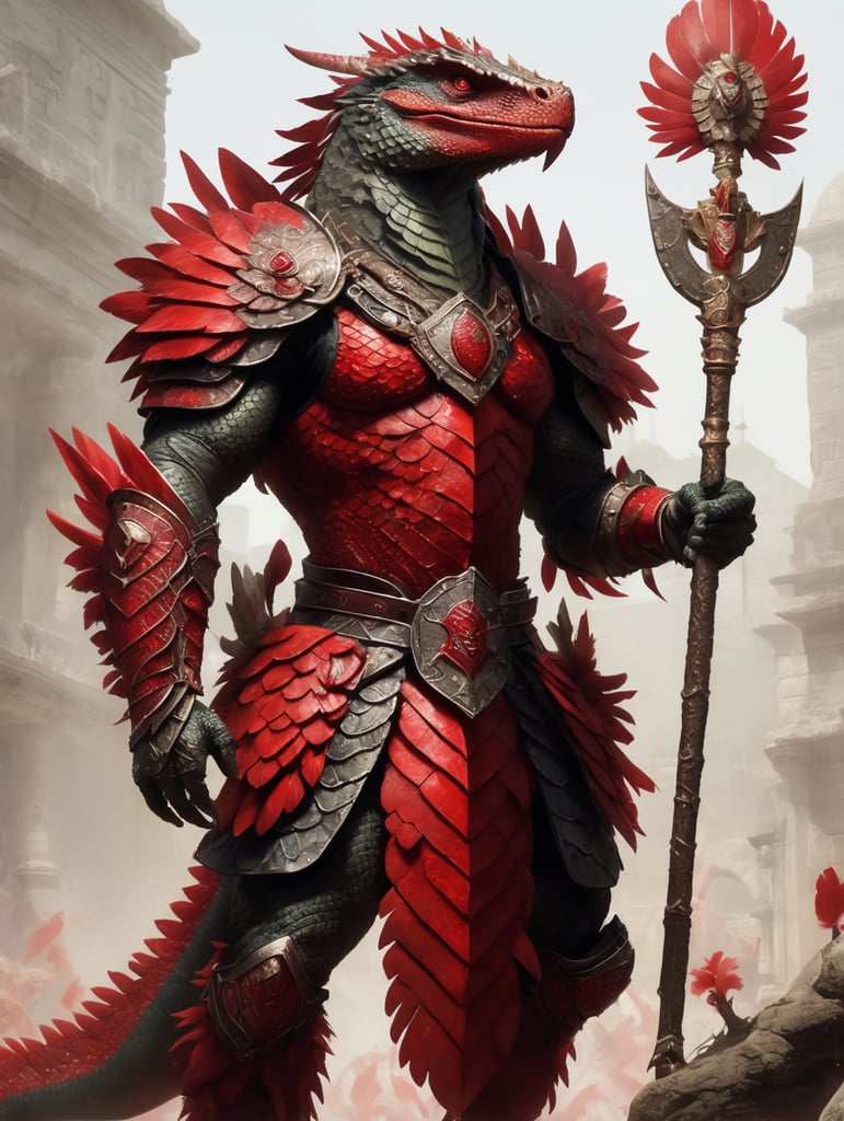 Erstelle einen großen Echsenmenschen mit roten Schuppen, einer Halskette aus Federn und einem mit federgeschmückten Speer und Schild. Denk an die roten Schuppen
