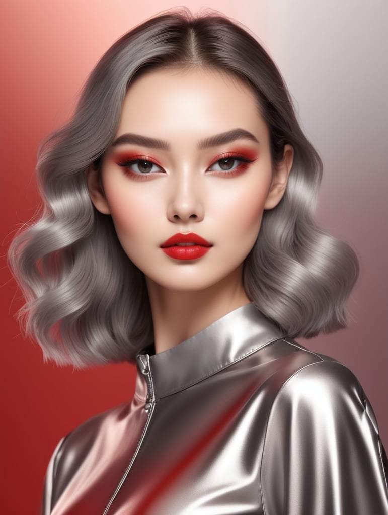 En fondo de colores degrade metalizados desde el rojo al gris, figura principal mujer joven posando como para propaganda de cosméticos