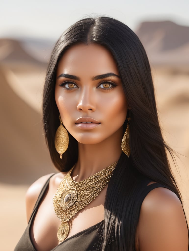 Waist up 5’10 willowy build bronzed skin young woman with slanted golden eyes and straight very long black hair and gold jewelry in a Desert