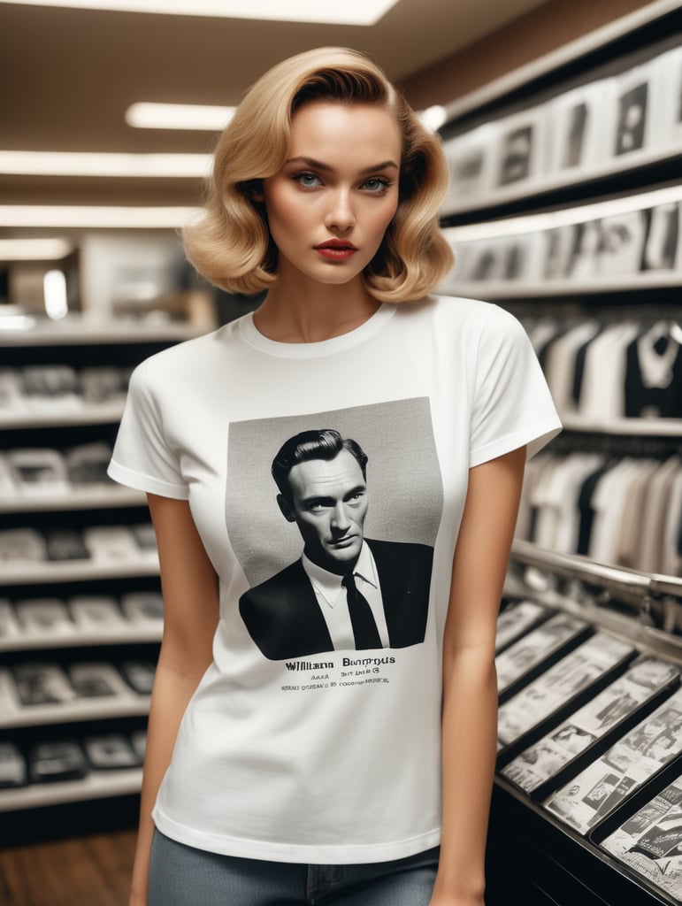 Extremely detailed photographic image, grained image, beautifully composed, monochrome image, 50's fashionable image, fashionable magazine photography, leica summicron 35mm f2.0, kodak 400tx, fashion photography, fashionable model, william s. burroughs, Woman wearing blank white T-Shirt in Clothing Store Mockup, mock up