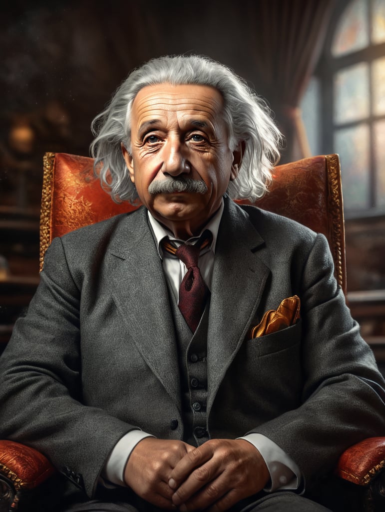 sitting full centered Portrait of Albert Einstein, bright and saturated colors, highly detailed, sharp focus, Bright expressive, Dramatic Lighting, Depth of field, Incredibly high detailed, on a white background