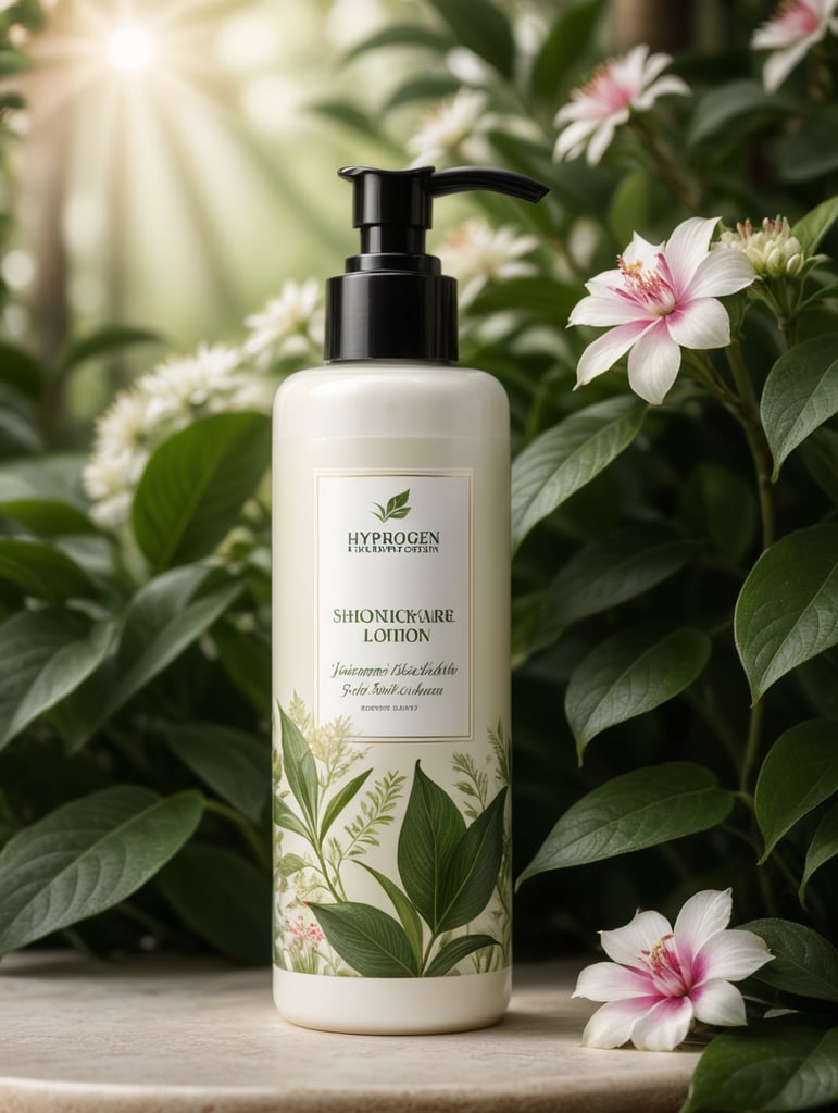 Skincare lotion bottle mockup, botanical background