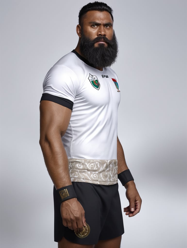 Fijian men with long beard whereing fijian jersey playing rugby as thor god of thunder
