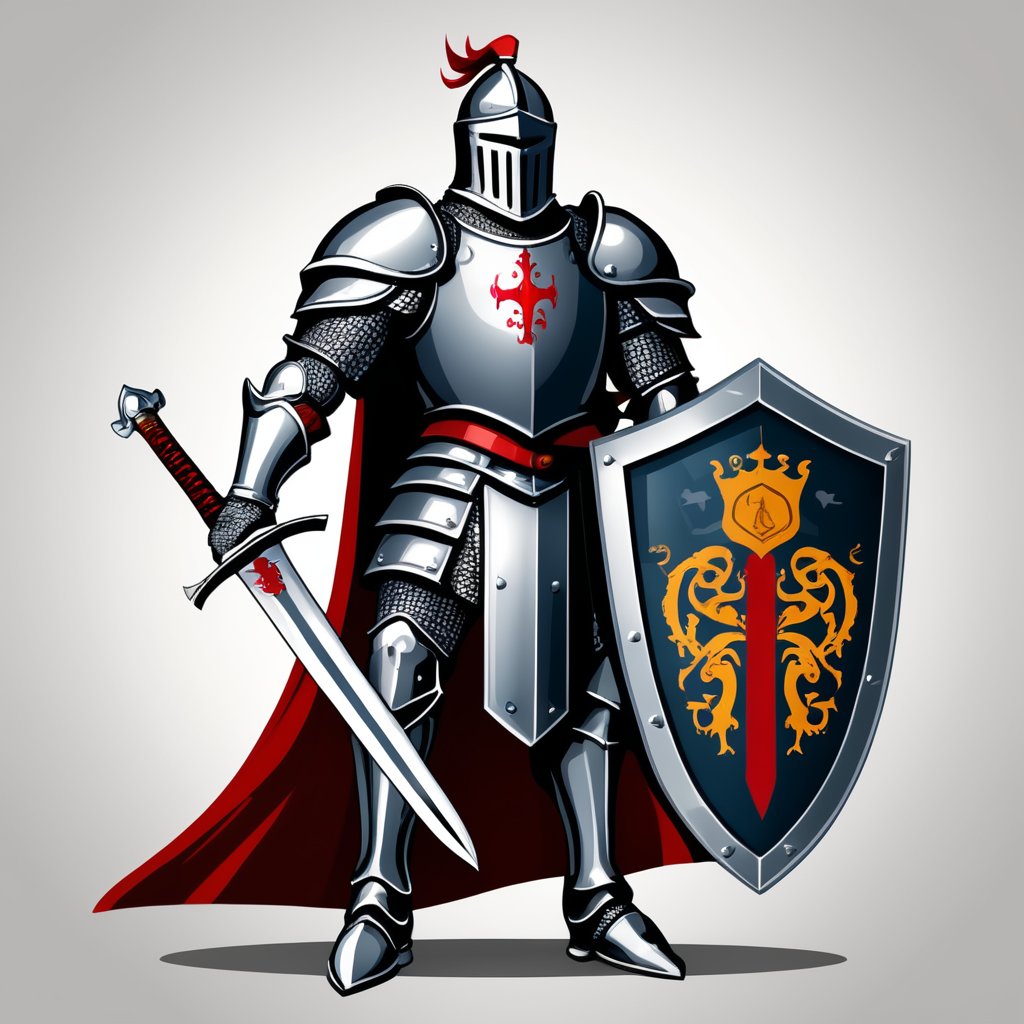 arafed knight with sword and shield logo design, strong fantasy knight, professional logo design, sword design, medieval knight, (((knight))), fantasy knight, holy crusader medieval knight, logo vector art, medieval holy crusader knight, armored knight, high quality character design, 3 d logo, logo design, knight, medieval fantasy game art, logo concept design, illustrated logo