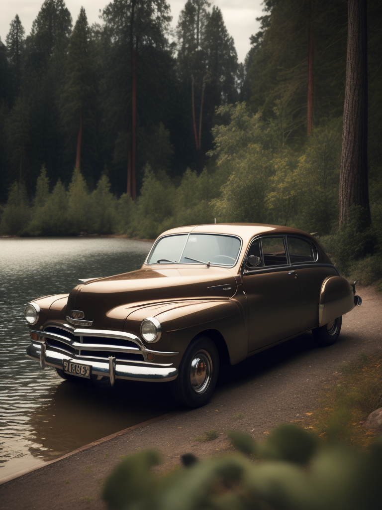 Ретро-автомобиль в три четверти на берегу реки, за которой сосновый лес