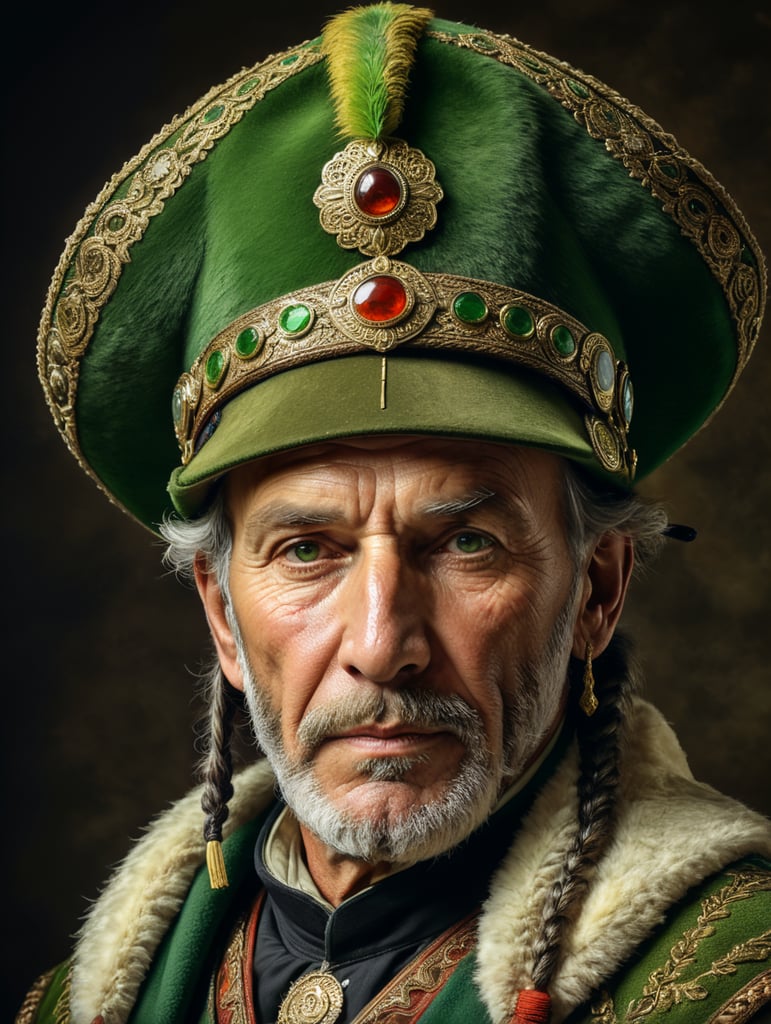 Retro portrait, an old Austrian hunter wearing Green Tryolean Hat and traditional costume