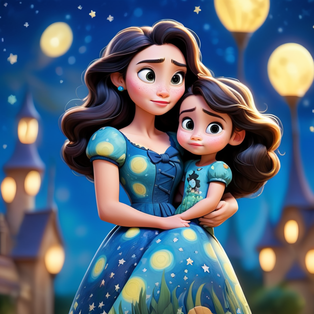 a woman with her little daughter on her arm, wearing a van gogh print dress under a starry night, Disney Pixar style
