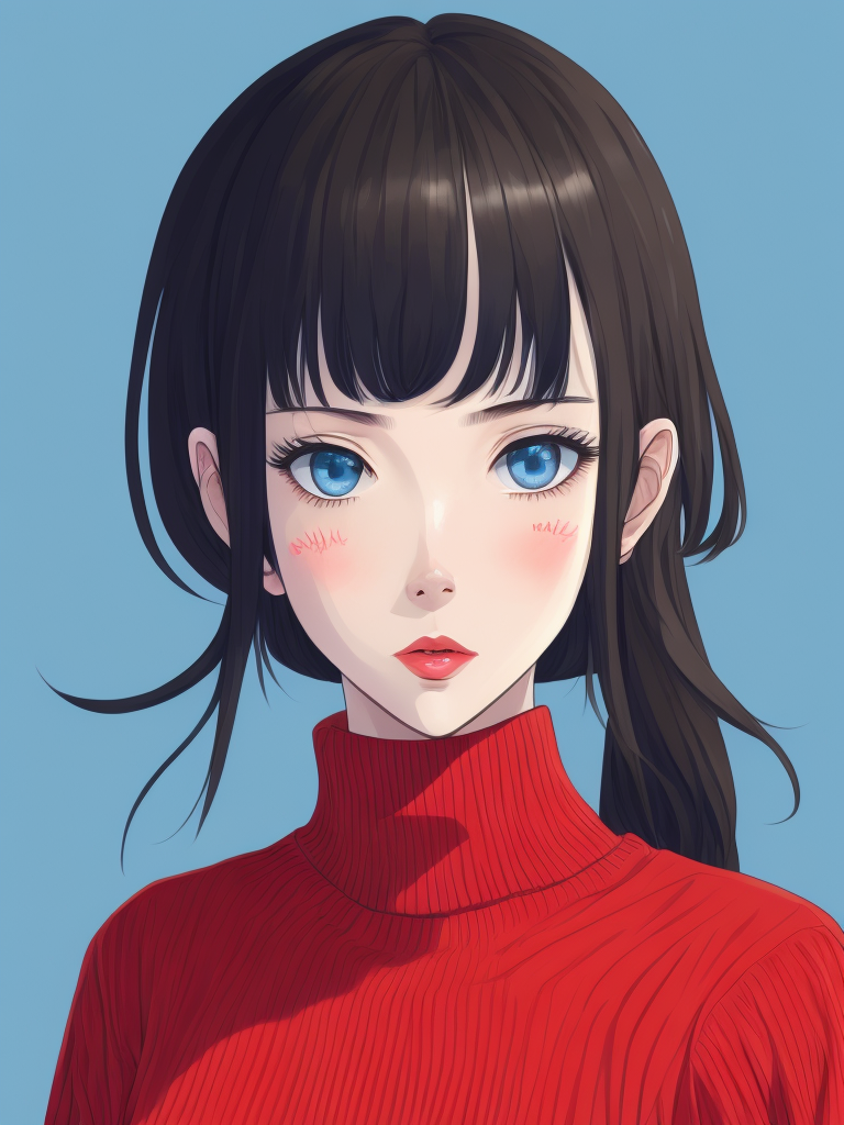 1girl, tohsaka rin, solo, long hair, sweater, red sweater, looking at viewer, blue background, black hair, simple background, two side up, turtleneck, blue eyes, lips, closed mouth, ribbon, hair ribbon, bangs, turtleneck sweater, upper body, parted bangs, black ribbon, ribbed sweater, twintails, nose,