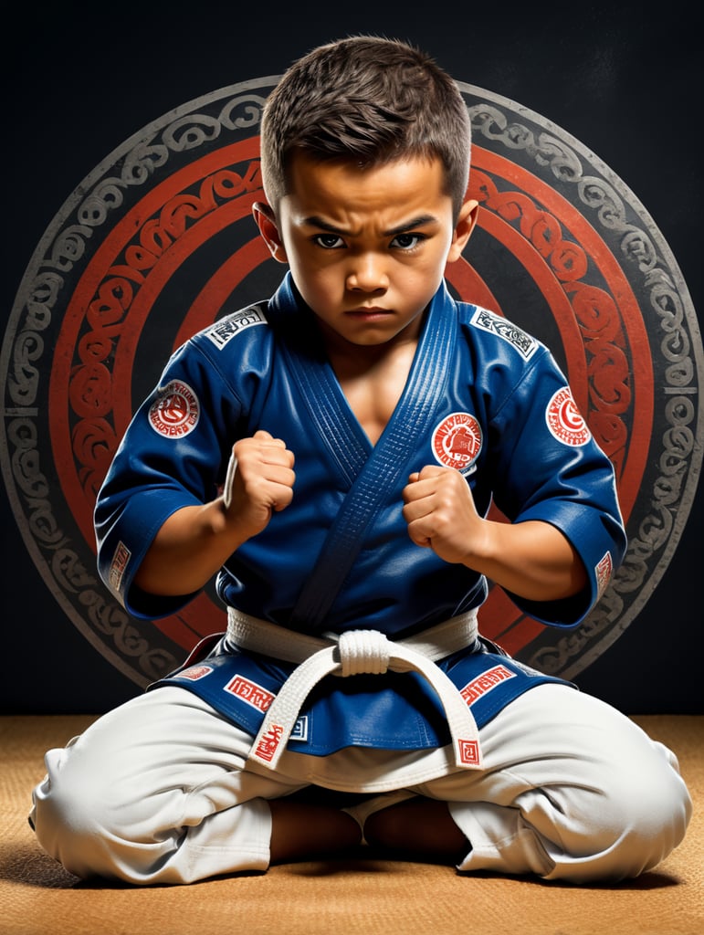 create a logo with the image of a child fighting jiu-jitsu with his arms crossed in front of his body. This image must be a 2d illustration.