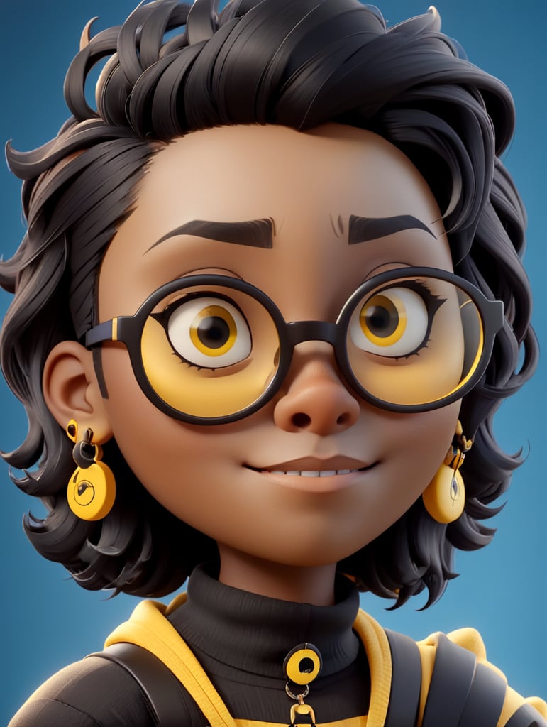 graphic designer, black skin, creative, piercing, glasses, black and yellow colors