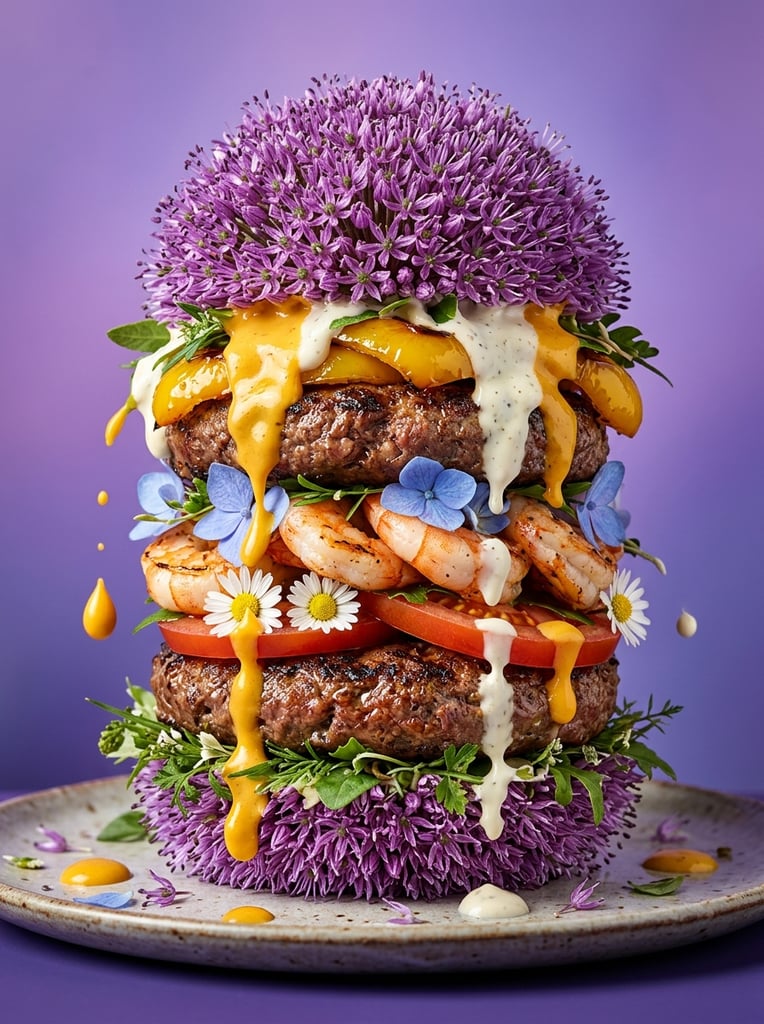 surreal tall burger composition, dense spiky purple allium flower buns, cooked pink shrimp, glossy yellow pepper, thick grilled meat patties, sliced red tomatoes, white daisies, blue hydrangea petals, delicate green foliage, thick glossy yellow-orange and creamy white sauces dripping with mid-air drops, smooth violet to lavender gradient background, sharp studio lighting, macro photography, glossy textures