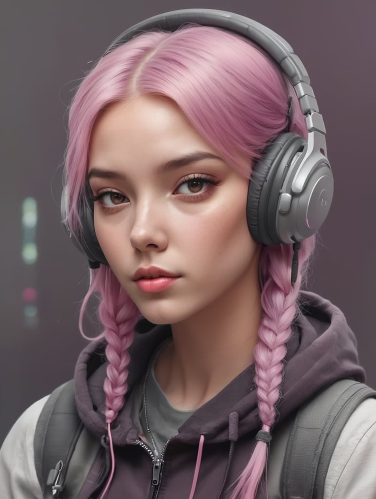 digital art vector cyberpunk girl with pink purple hair and headphones