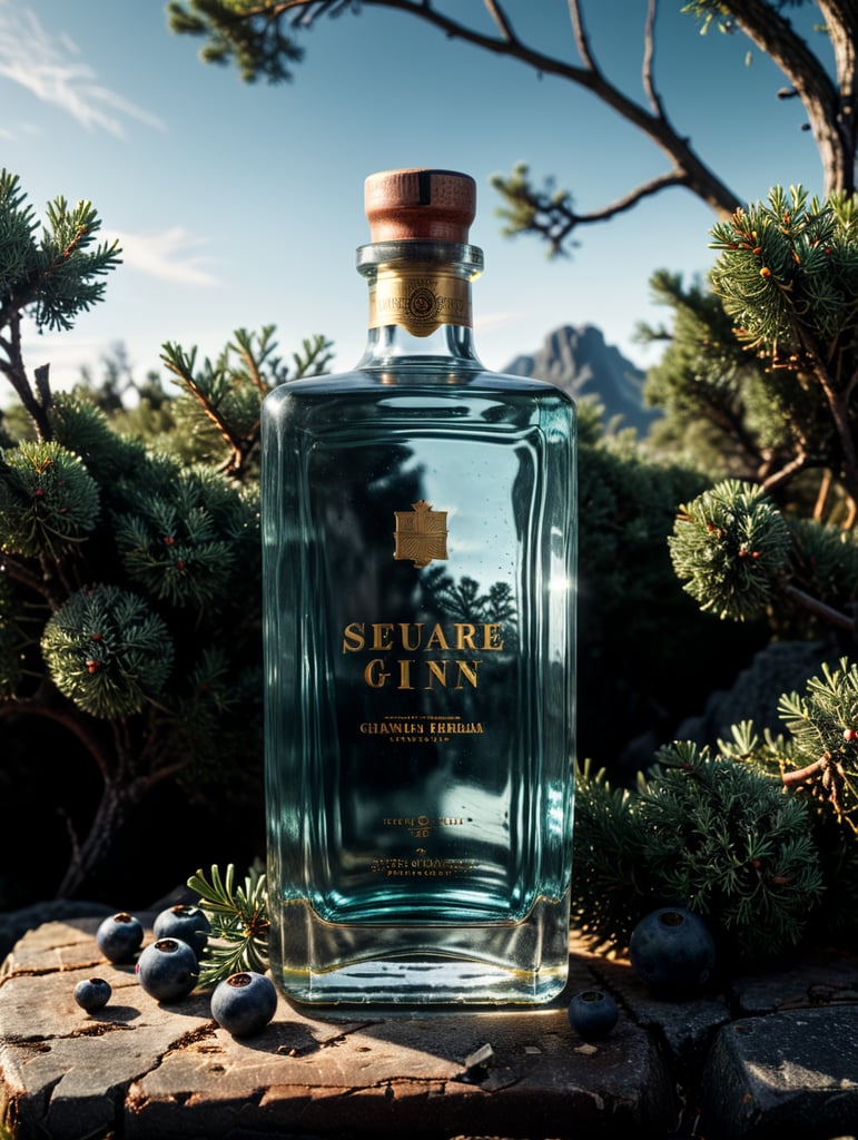 professional photography of a square gin bottle, square bottle, surrounding a juniper and juniper berries, one shot of gin in a front, no label, clear, mockup