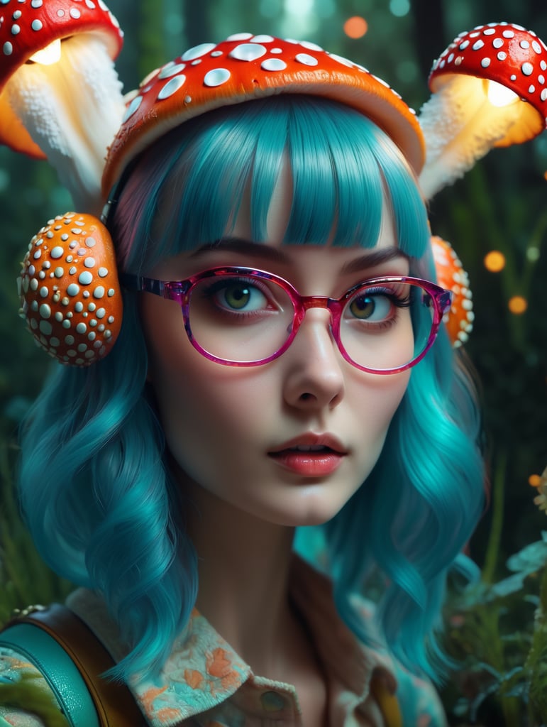 Girl amanita muscaria, psychedelic, trippy, extremely detailed vibrant, cinematic lights, hyper realistic, hyper detailed, Sony Alpha α7, photorealistic, wearing glass, bunny hairstyle