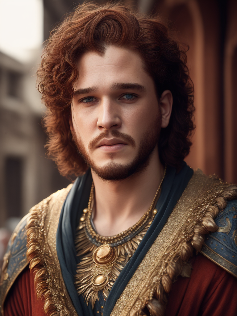 Kit Harington, Indian, red hair, golden caftan, beard, smile, blue eyes.