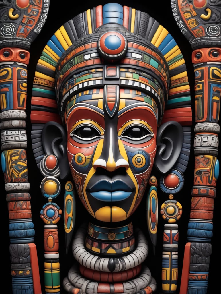 African totem in Ndebele style, bright colors, clear details, black background