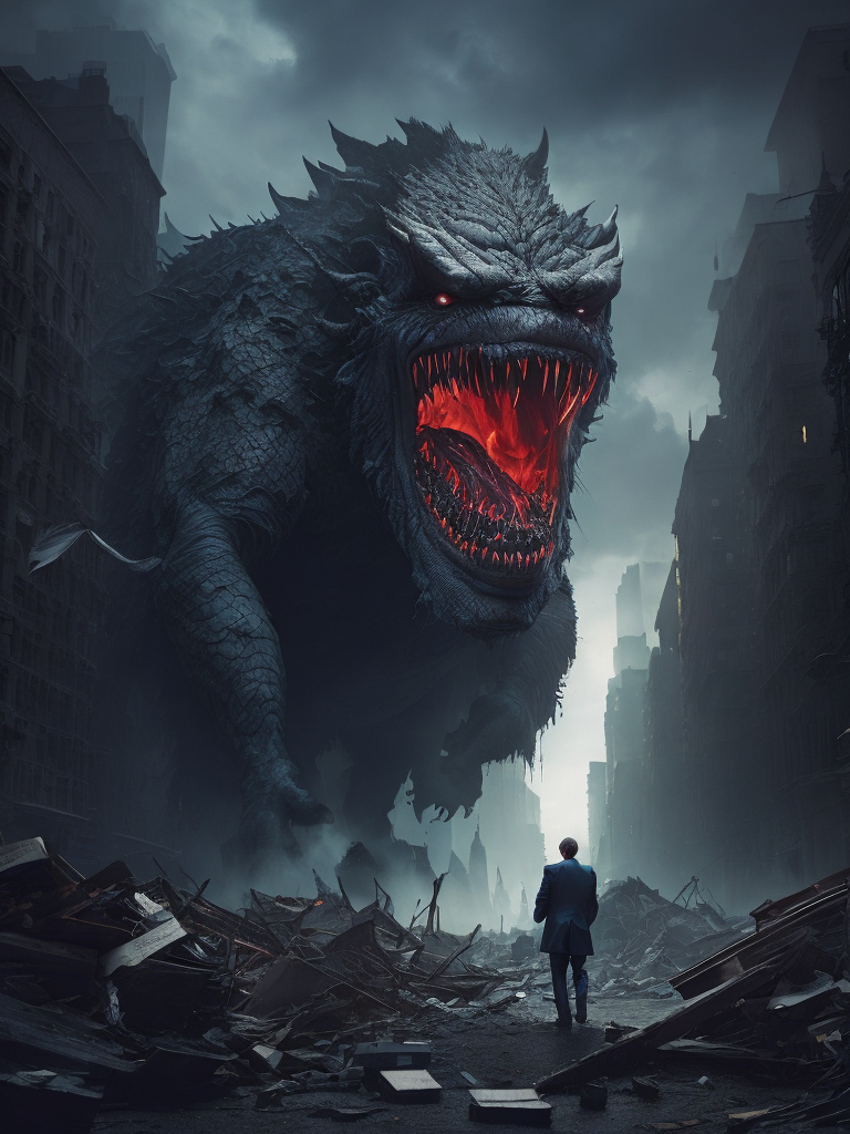 Donald trump depicted as a giant monster destroying a city