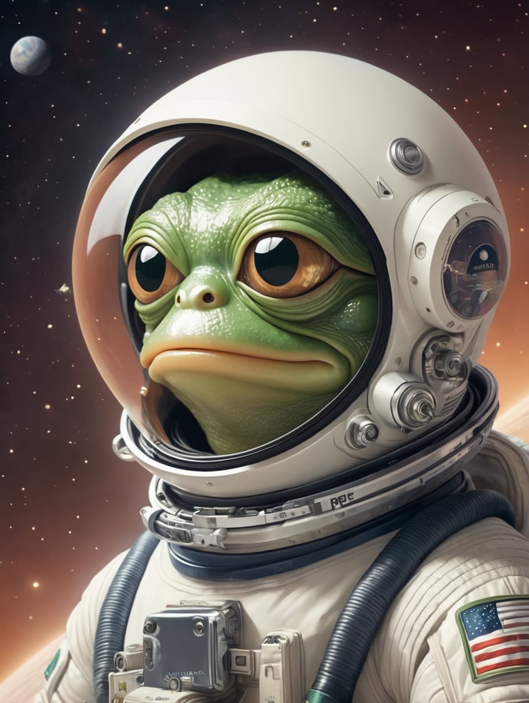 pepe the frog in the space she has a space suit that says Monad