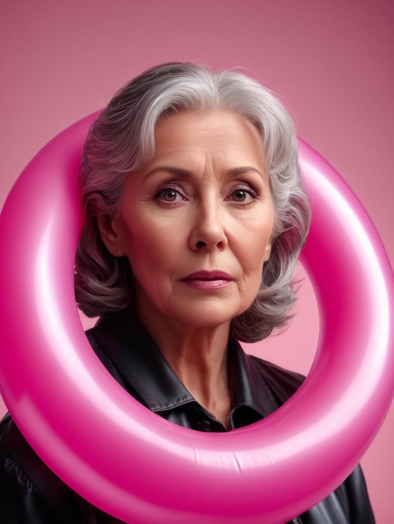 Pretty older women with an pink inflatable ring, isolated on pink background