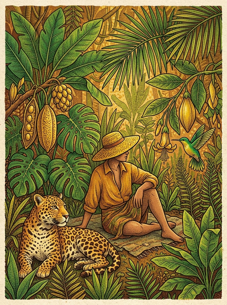 Stylized tropical illustration with heavy stippled texture. A figure in a wide yellow hat sits among giant emerald leaves and golden pods. A spotted leopard and hummingbird rest nearby in a warm palette of green, yellow, and brown.