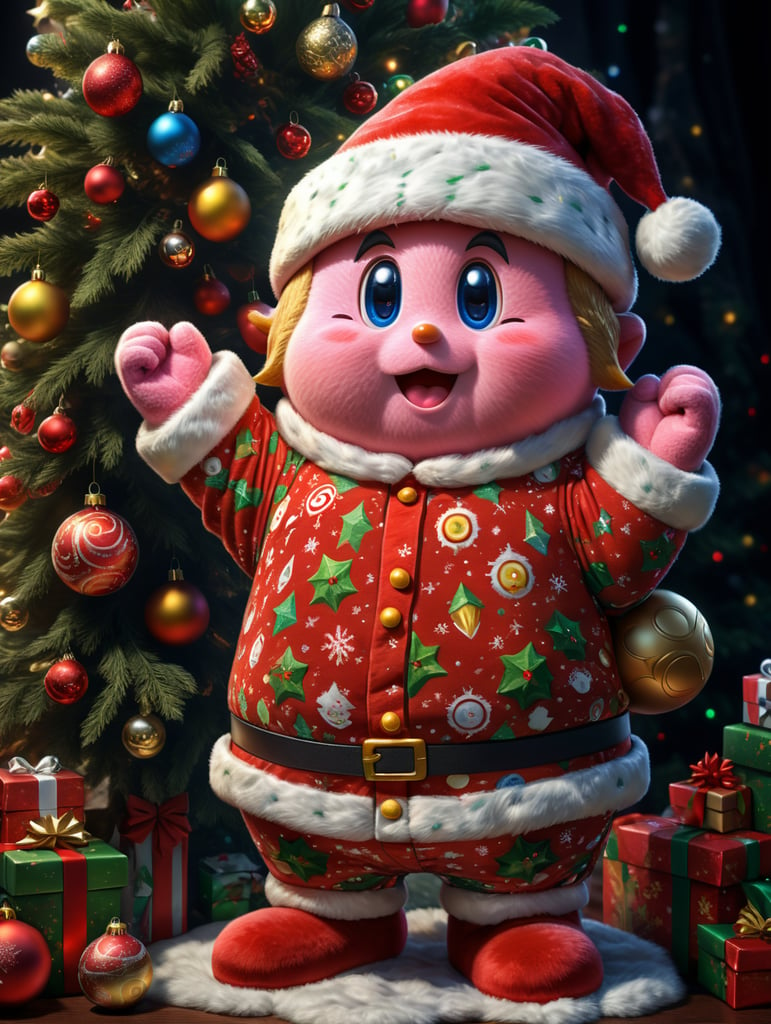 Kirby the video game character wearing Christmas pajamas