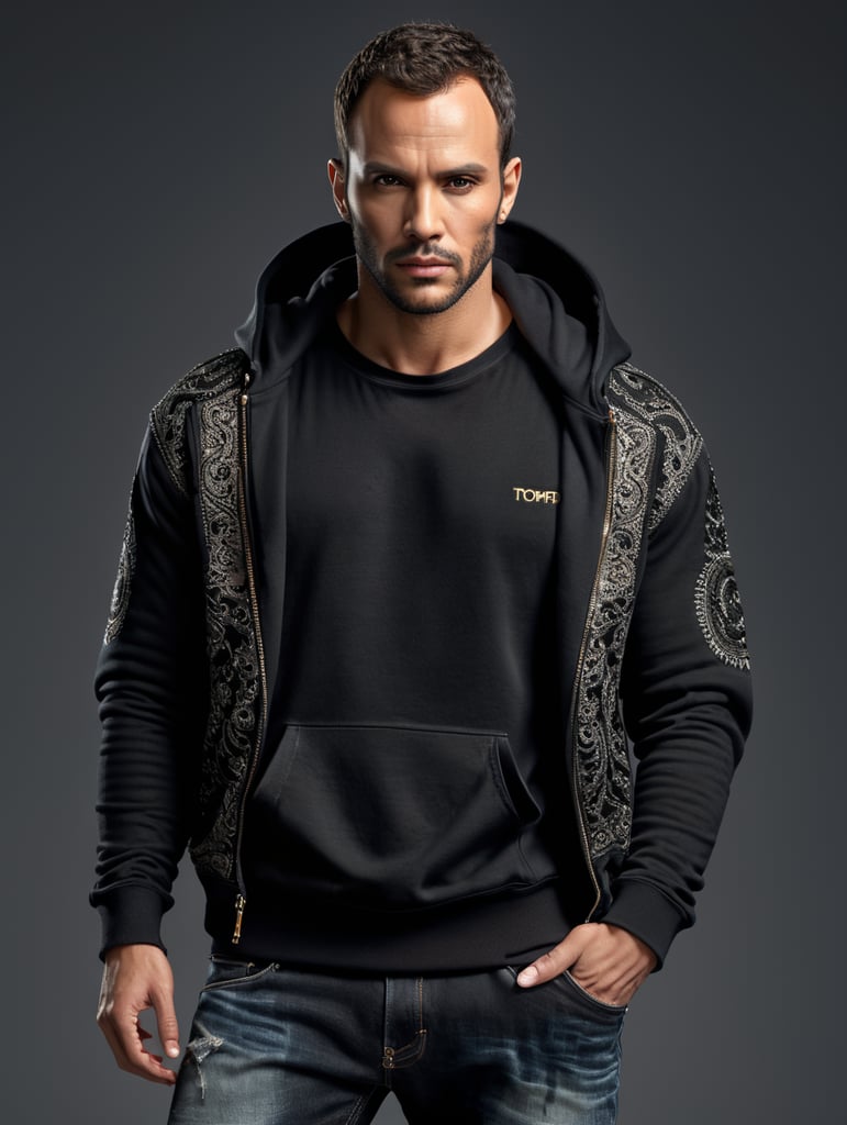Tom ford male model wearing black blank hoodie and oversize jeans posing for a shooting.
