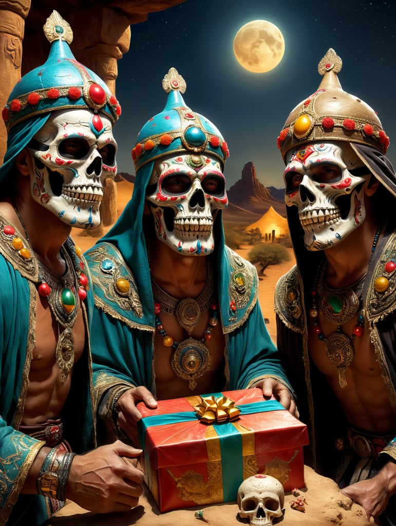 the three wise men with a Mexican skull mask showing their gifts, desert scene, detailed, good lighting and good definition