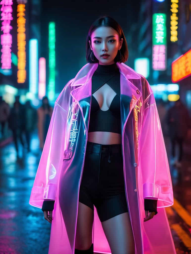 A women wearing translucent coat, standing on a street, neon cyber city, dark night, neon signs