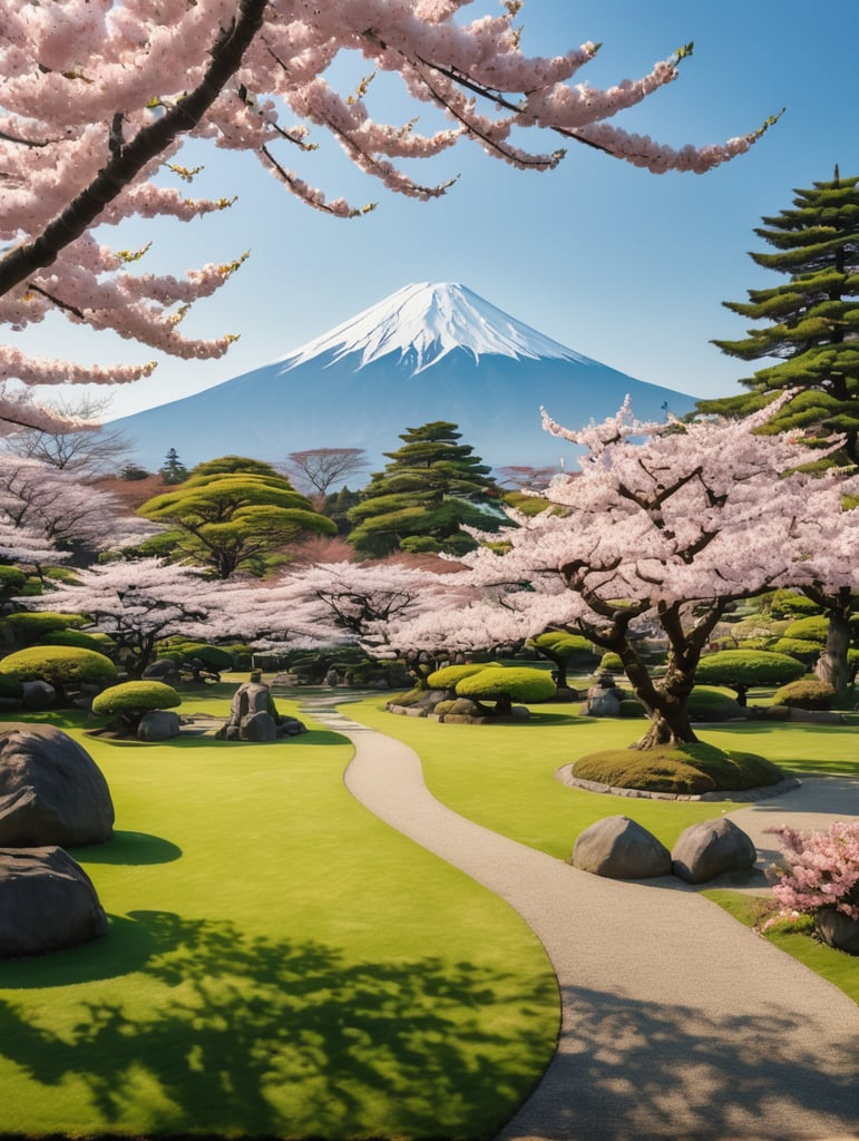 a beautiful japanese garden with cherry trees on full blossom, petals spread above the green grass, cloudless sky shinny day and Fuji mount at the back