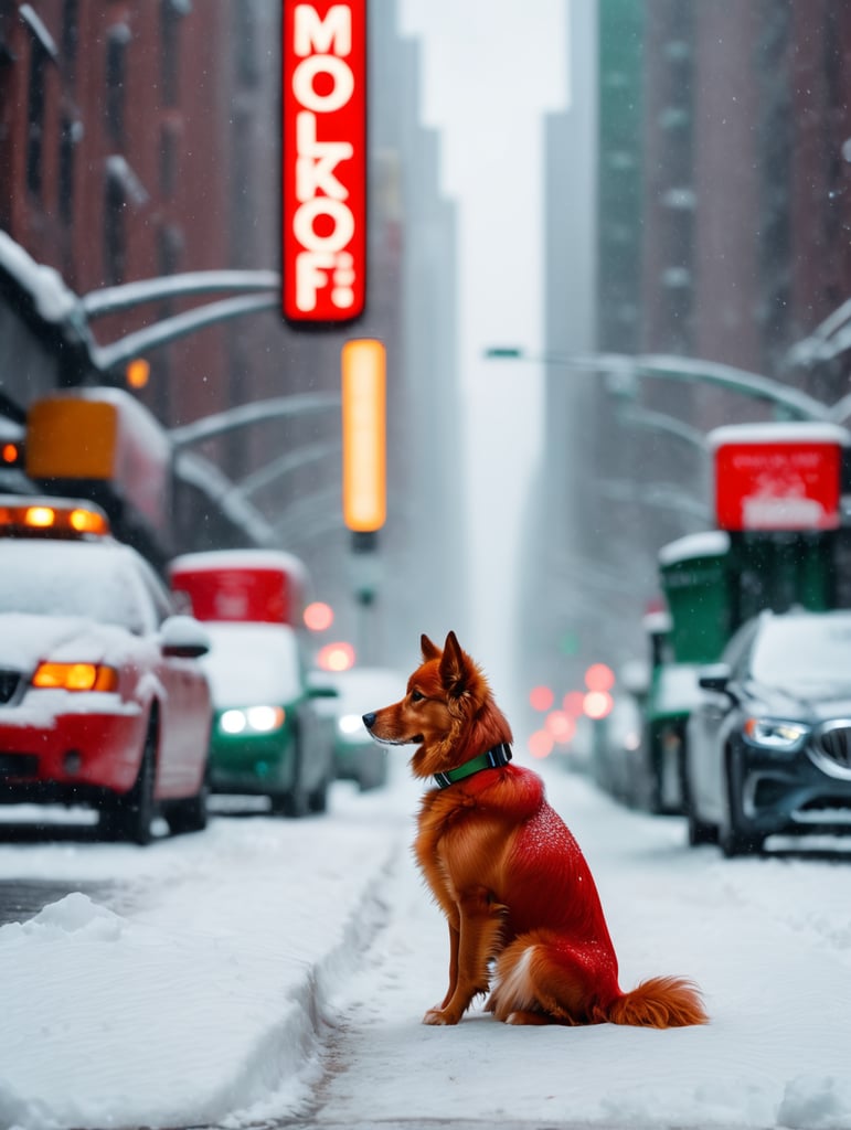 Cinematic, stunning, minimalist, thin lightweight light cute red fluffy dog in heavy snowy new york city street sitting waiting for green light . beautiful shot. 8k. wallpaper. extremely detailed