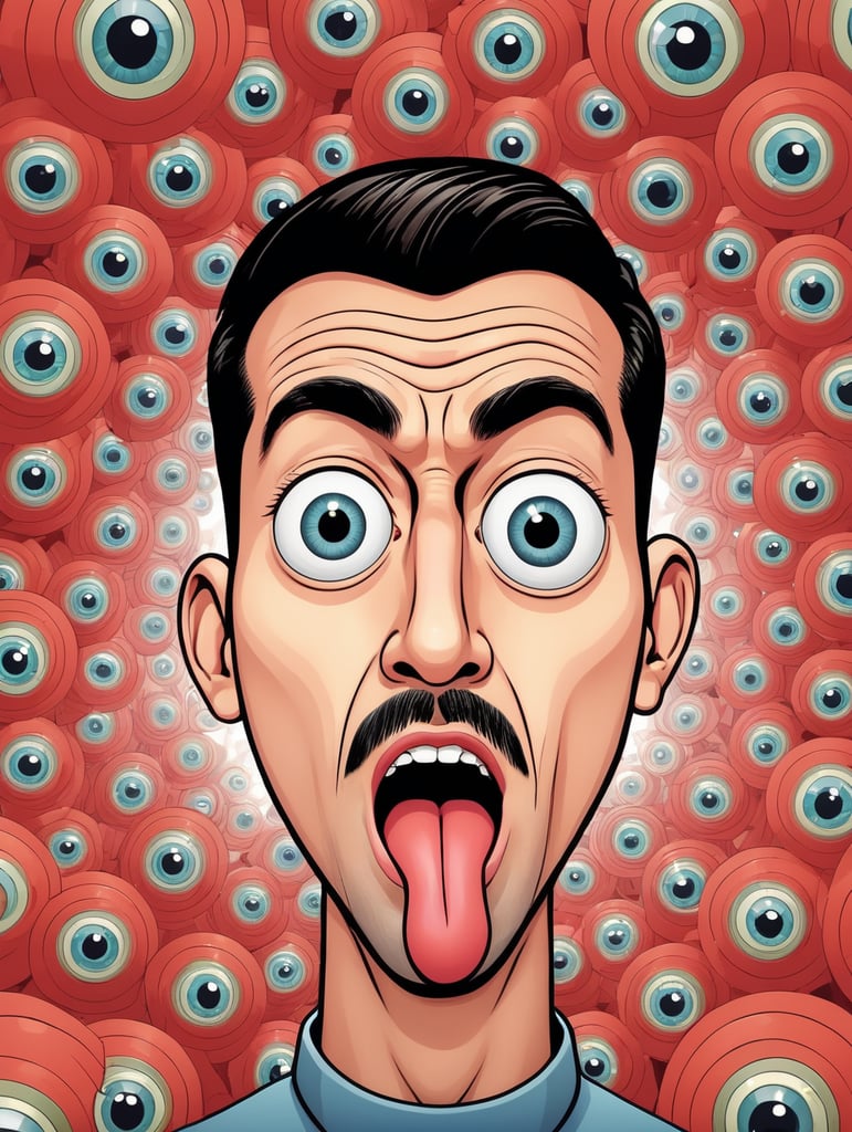 Hypnotized man starring, brainwashed, mind controlled, with large cartoon spiral eyes, tongue sticking from his mouth salivating, photo from the neck up, cartoon-styled, illustration, vector art
