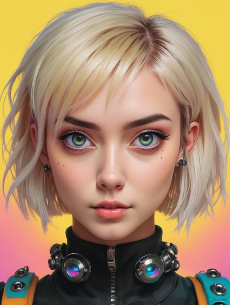büyük gözlü, piercingli, kısa sarı saç, gamzeli, illüstrasyon, dijital sanat, cyberpunk, canlı renkler