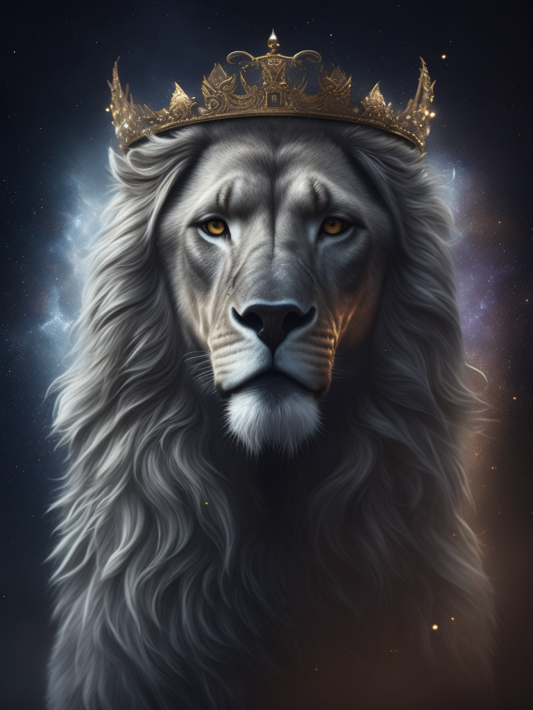 Grey Leo horoscope abstract image, magic style, night and lights,portrait, with crown,