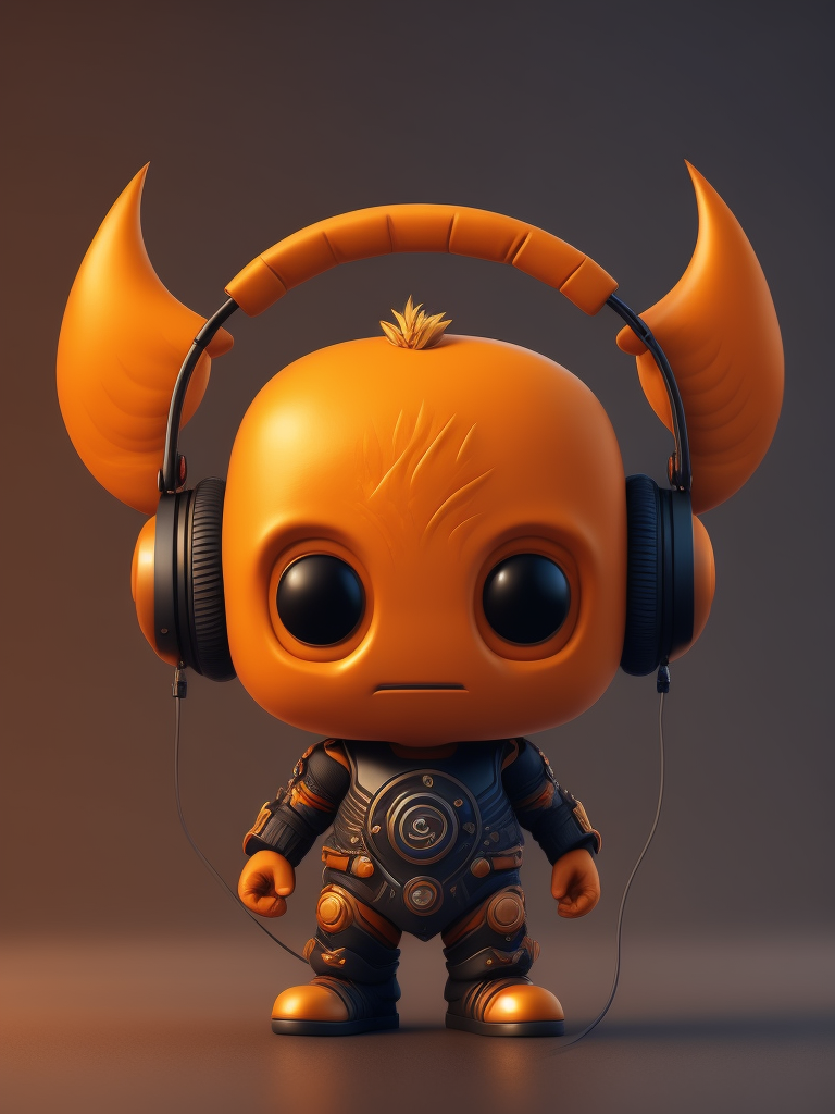 game character monster, a cute monster character with headphone, orange color, funko pop, vibrant gradient background,