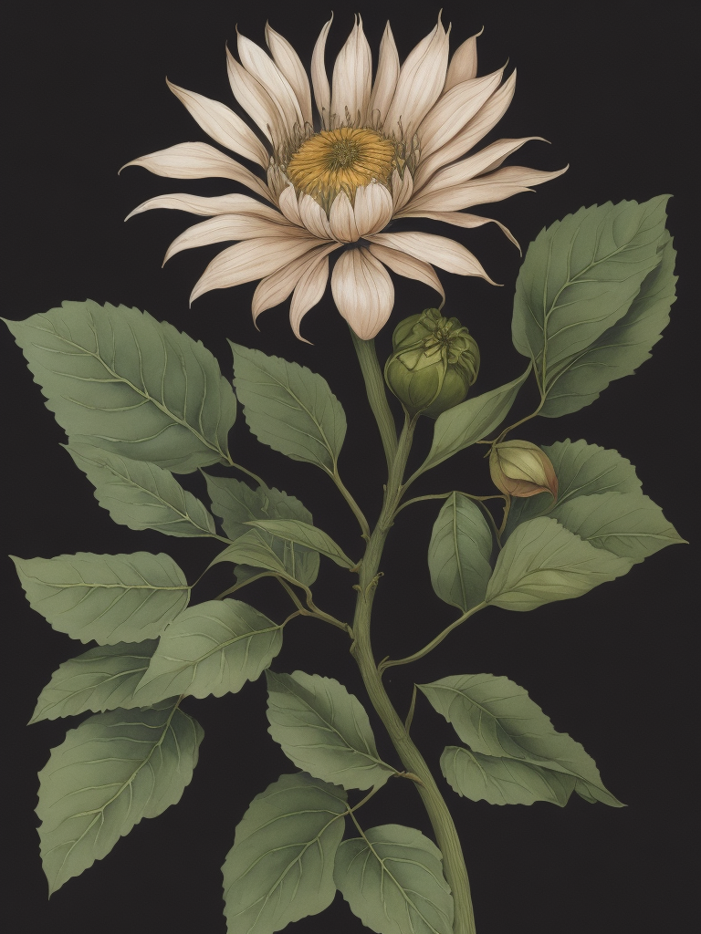 Ashoka Tree Flower, Leaves, Pod, and Seed ,Northern Renaissance,watercolor , gouache, papercraft, fading border,by Martin Schongauer and Maria Sibylla Merian