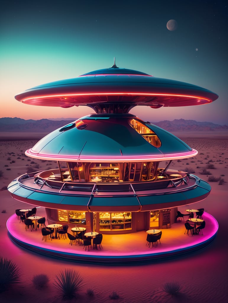 futuristic ufo cafe, desert, an night, neon, glass