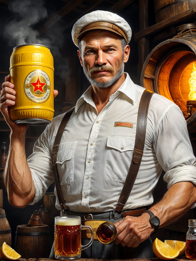 poster, A Soviet man in a white shirt and cap holds a mug of kvass in his hands, a Soviet yellow barrel of kvass can be seen in the background