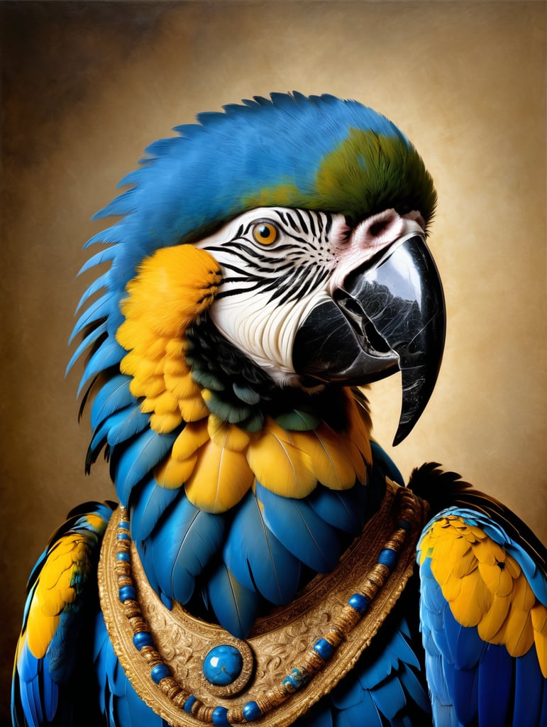 A masterpiece painting by Rembrandt Van Rijn, a Portrait of a blue and gold macaw wearing the typical clothes of the time, Renaissance painting style, 2 3 view, simple background, waist upwards, highly detailed, high contrast