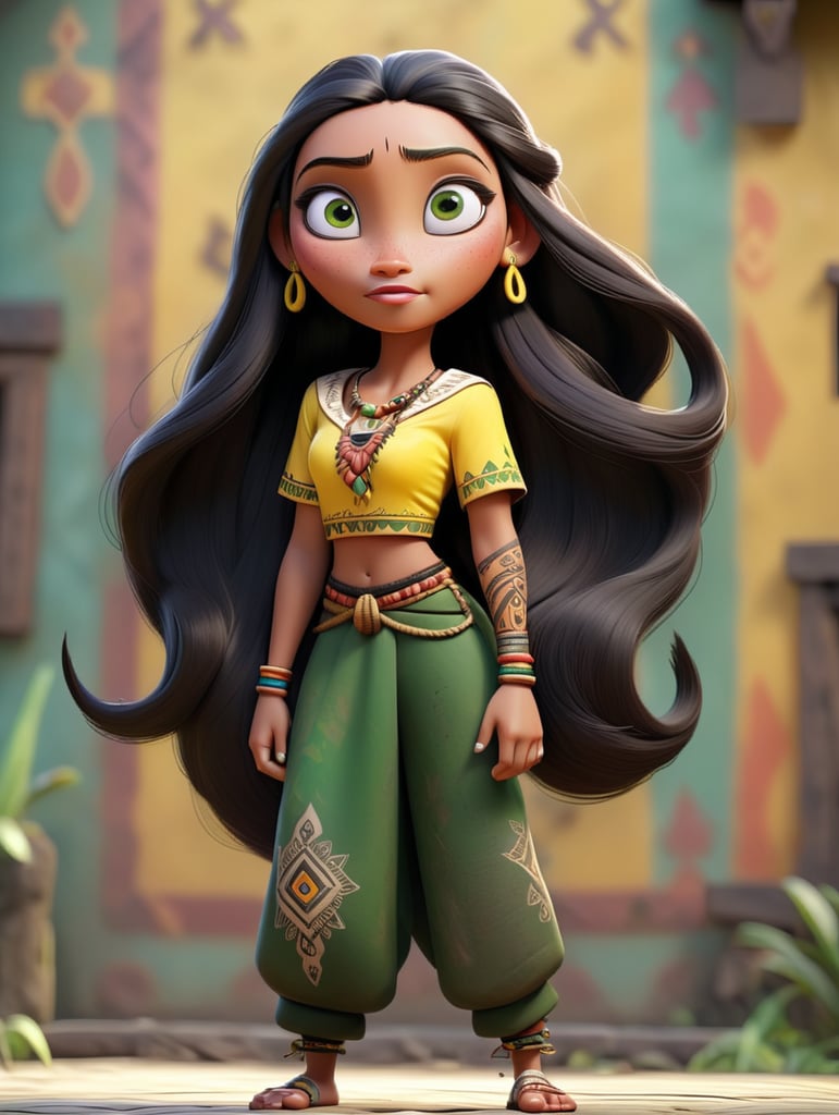 Turn around of full body Indonesian dayak tribal 20 years girl named Widya Purnama, 172 cm tall, long dark-hair (green), yellow eyes, sharp nose, triangle-face, tribal tatto in the chest, T Pose, cartoon shader