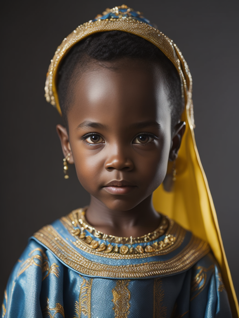 (((cute, sad 5-year-old girl))) from Ghana dressed in a (((typical Ghanaian wedding dress, with yellow and sky blue geometric patterns))), (photoreal: 1.4, lifelike), highly detailed CG unified 8K backgrounds, 1 child, looking at the viewer, ( HQ skin:1.4), 8k uhd, dslr, soft lighting, high quality, film grain, Fujifilm XT3, ((simple, neutral background)).