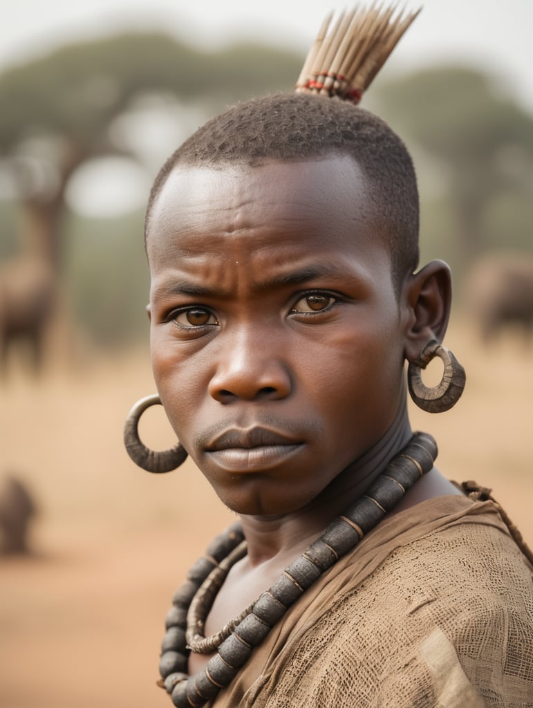 a portrait of a tribal Pygmy, African savanna in the background