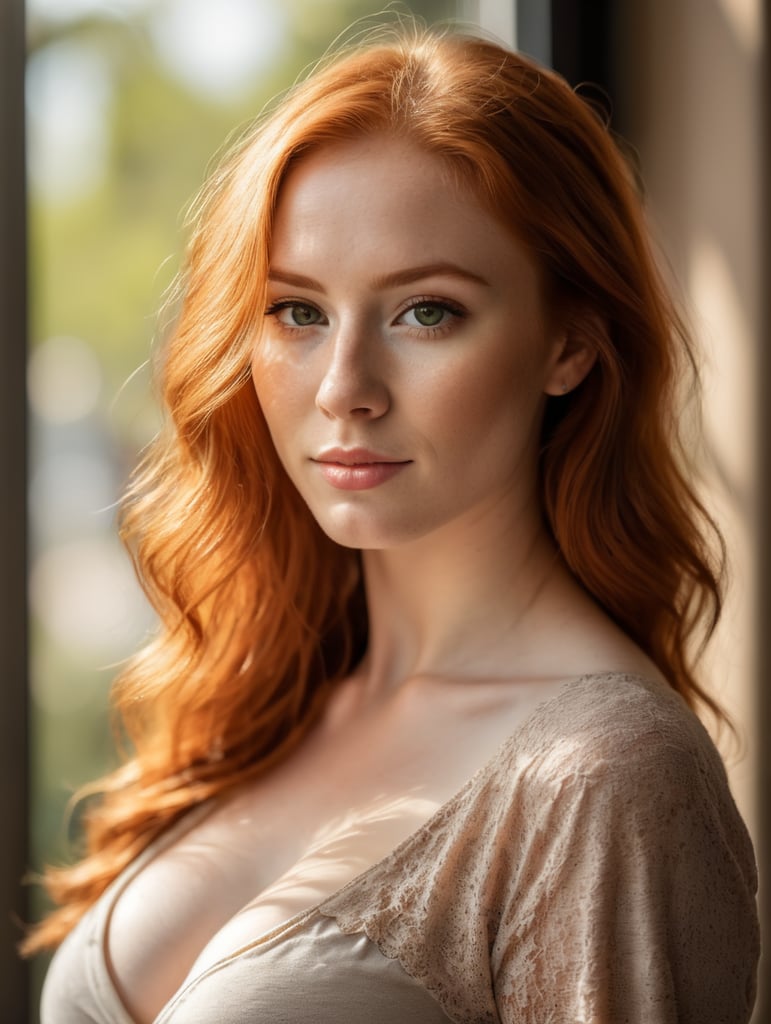 beautiful redhead 22 year old woman, breasts, sun light