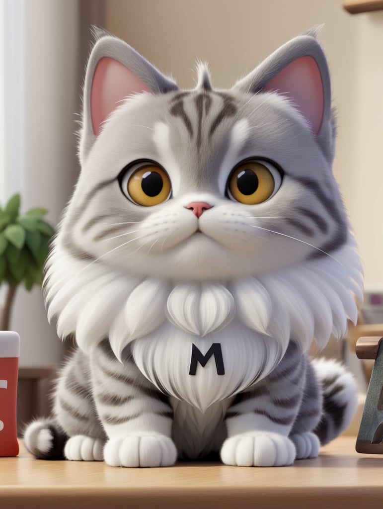 Маленькая полосатая серая короткошерстная кошка породы табби. Глаза янтарного цвета. Длинные белые усы. На шерсти макушки головы буква М. Сидит на столе
